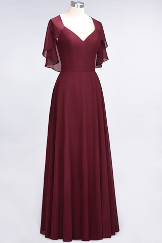 Elegant Satin V-Neck Short Sleeve Princess Bridesmaid Dress Ruffle Chiffon Wedding Guest Dress