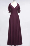 Elegant Satin V-Neck Short Sleeve Princess Bridesmaid Dress Ruffle Chiffon Wedding Guest Dress by misshow.com