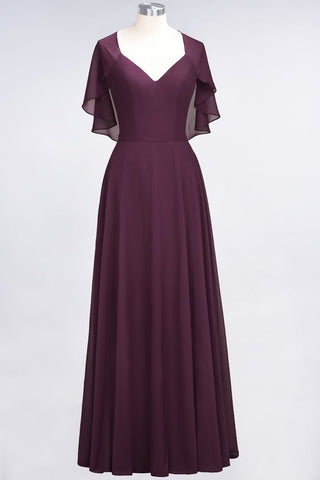 Elegant Satin V-Neck Short Sleeve Princess Bridesmaid Dress Ruffle Chiffon Wedding Guest Dress