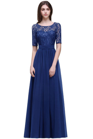 Elegante vestido de fiesta de gasa con escote redondo y corte A con encaje