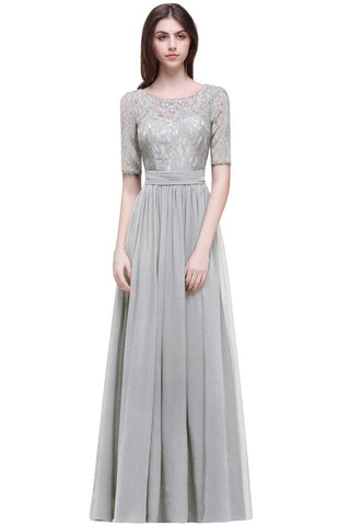 Elegante vestido de fiesta de gasa con escote redondo y corte A con encaje