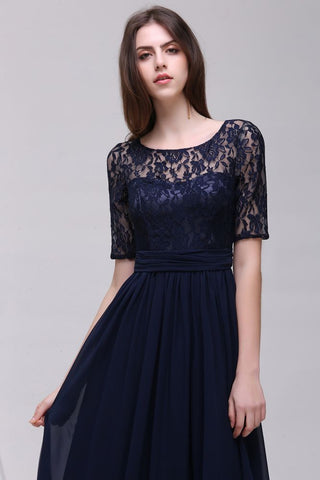 Elegante vestido de fiesta de gasa con escote redondo y corte A con encaje
