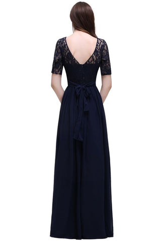 Elegante vestido de fiesta de gasa con escote redondo y corte A con encaje
