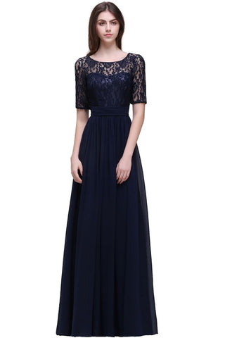 Elegante vestido de fiesta de gasa con escote redondo y corte A con encaje