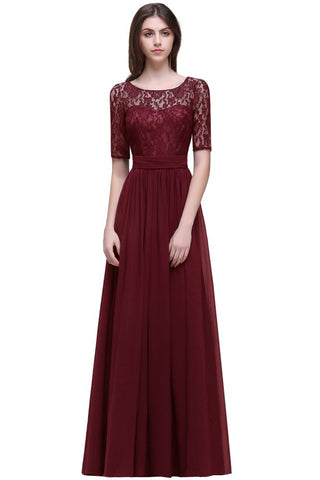 Elegante vestido de fiesta de gasa con escote redondo y corte A con encaje