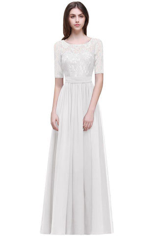 Elegante vestido de fiesta de gasa con escote redondo y corte A con encaje
