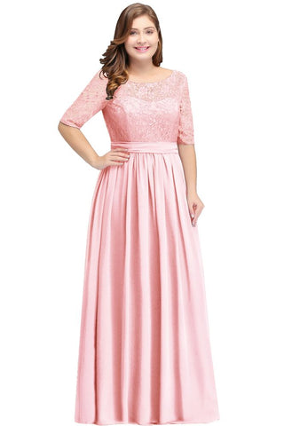 Elegante vestido de fiesta de gasa con escote redondo y corte A con encaje