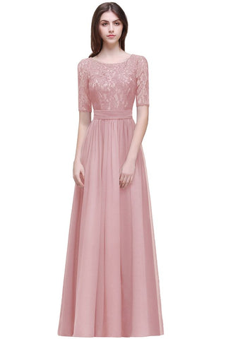 Elegante vestido de fiesta de gasa con escote redondo y corte A con encaje