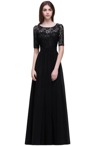 Elegante vestido de fiesta de gasa con escote redondo y corte A con encaje
