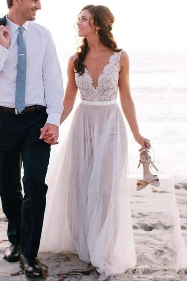 Elegant Scoop Neck Lace A Line Tulles Beach Wedding Dress WD034 by pgmdress