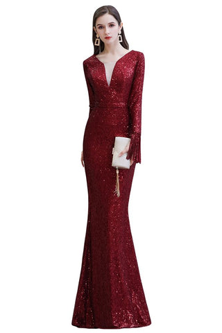 Elegante vestido de cóctel de sirena con escote en V y lentejuelas color burdeos, largo hasta el suelo