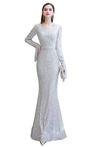 Elegante vestido de cóctel de sirena con escote en V y lentejuelas color burdeos, largo hasta el suelo