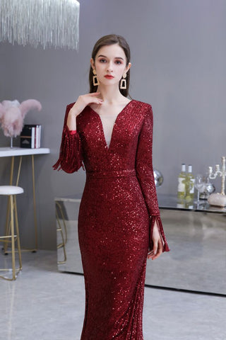 Elegante vestido de cóctel de sirena con escote en V y lentejuelas color burdeos, largo hasta el suelo