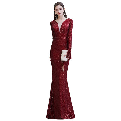 Elegante vestido de cóctel de sirena con escote en V y lentejuelas color burdeos, largo hasta el suelo