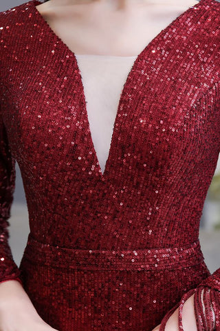 Elegante vestido de cóctel de sirena con escote en V y lentejuelas color burdeos, largo hasta el suelo