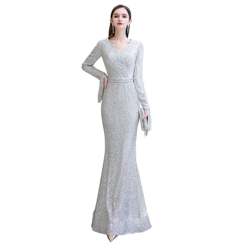 Elegante vestido de cóctel de sirena con escote en V y lentejuelas color burdeos, largo hasta el suelo
