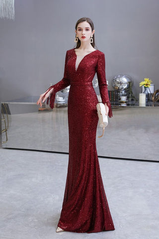 Elegante vestido de cóctel de sirena con escote en V y lentejuelas color burdeos, largo hasta el suelo
