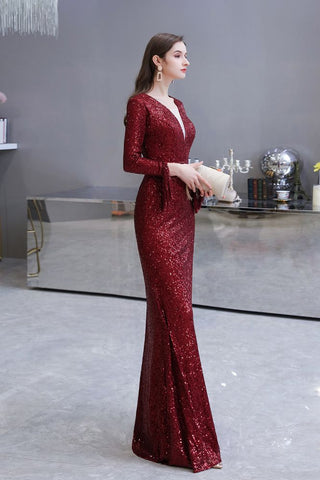 Elegante vestido de cóctel de sirena con escote en V y lentejuelas color burdeos, largo hasta el suelo