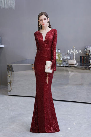 Elegante vestido de cóctel de sirena con escote en V y lentejuelas color burdeos, largo hasta el suelo