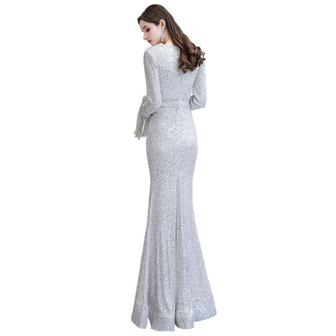 Elegante vestido de cóctel de sirena con escote en V y lentejuelas color burdeos, largo hasta el suelo
