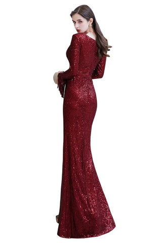 Elegante vestido de cóctel de sirena con escote en V y lentejuelas color burdeos, largo hasta el suelo