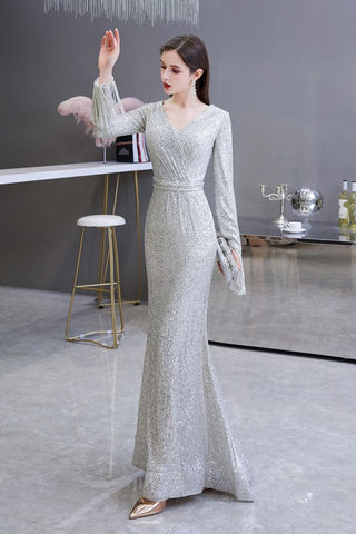 Elegante vestido de cóctel de sirena con escote en V y lentejuelas color burdeos, largo hasta el suelo