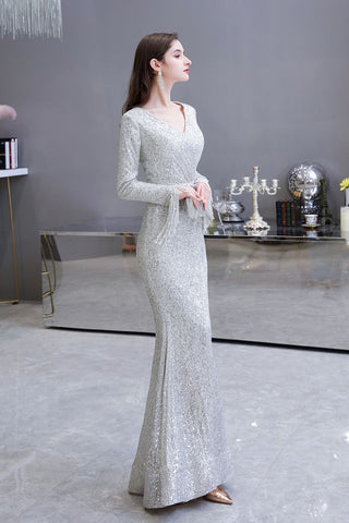 Elegante vestido de cóctel de sirena con escote en V y lentejuelas color burdeos, largo hasta el suelo