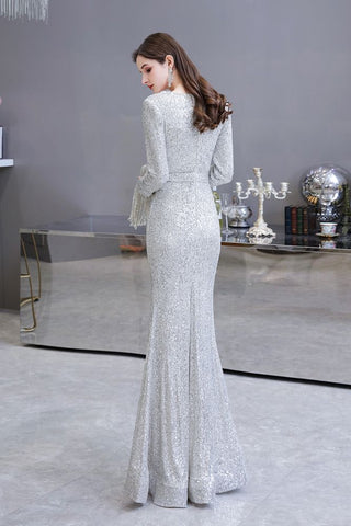 Elegante vestido de cóctel de sirena con escote en V y lentejuelas color burdeos, largo hasta el suelo