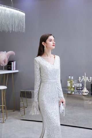 Elegante vestido de cóctel de sirena con escote en V y lentejuelas color burdeos, largo hasta el suelo
