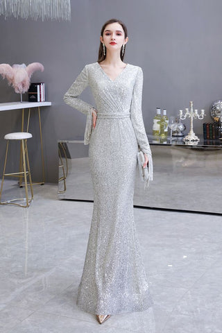 Elegante vestido de cóctel de sirena con escote en V y lentejuelas color burdeos, largo hasta el suelo