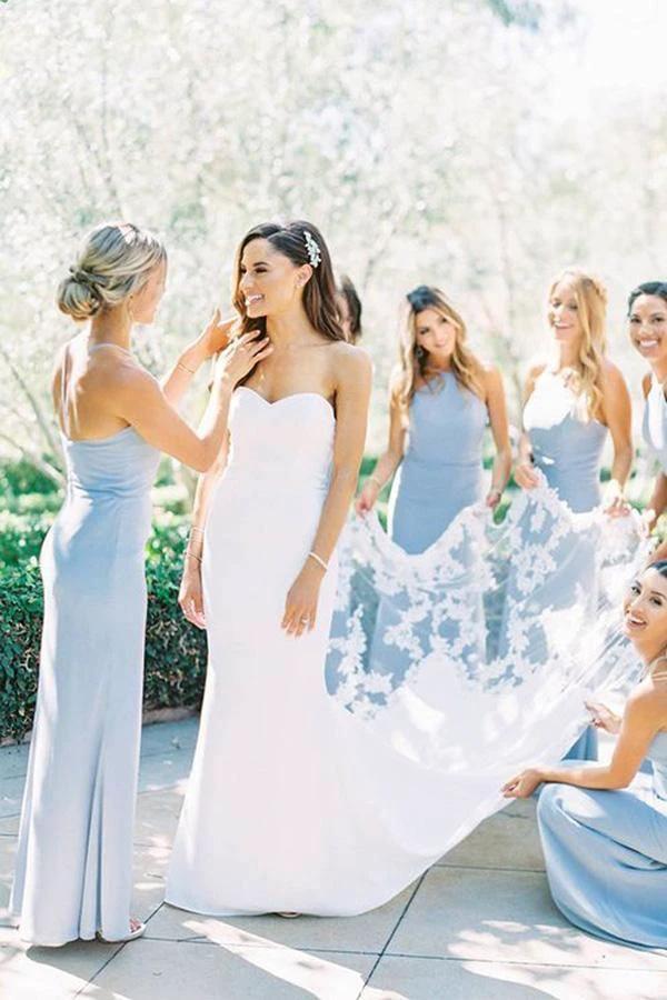 Elegant Sheath Halter Light Blue Satin Long Bridesmaid Dresses BD078 by pgmdress