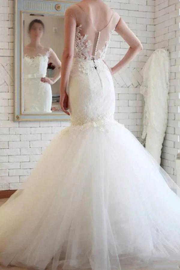 Elegant Sheer Back Tulle Lace Mermaid Wedding Dress WD148 by pgmdress