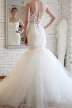 Elegant Sheer Back Tulle Lace Mermaid Wedding Dress WD148 by pgmdress