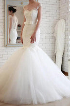 Elegant Sheer Back Tulle Lace Mermaid Wedding Dress WD148 by pgmdress