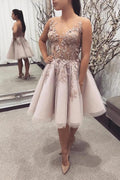 Elegant Short A-line Bateau Lace Tulle Backless Prom Dress by BIZTUNNEL
