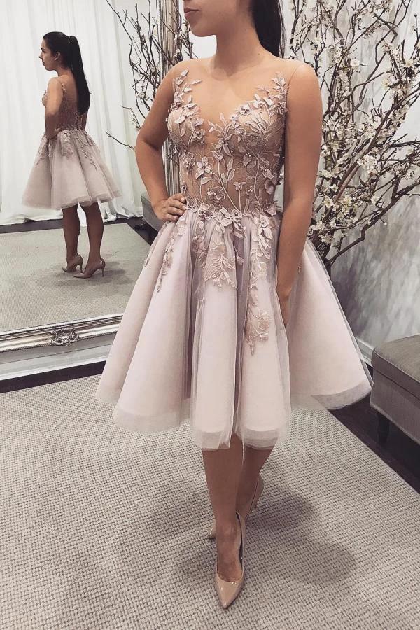 Elegant Short A-line Bateau Lace Tulle Backless Prom Dress by BIZTUNNEL