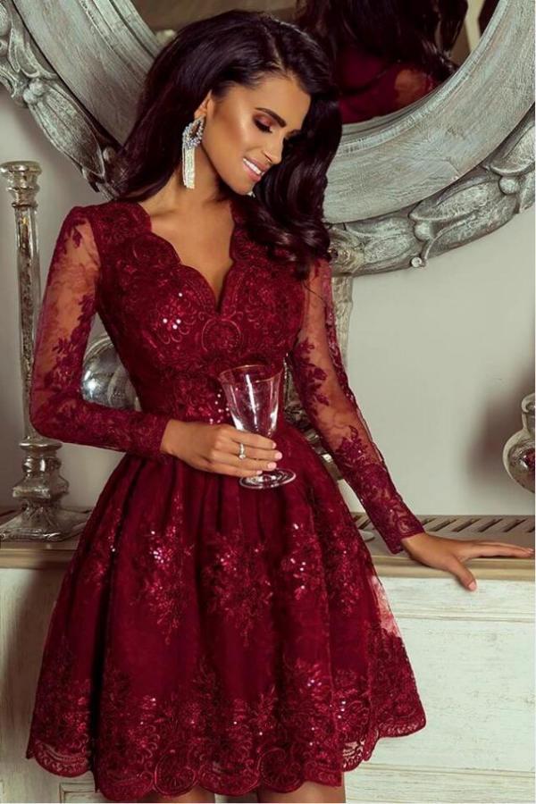 Elegant Short A-line V-neck Long Sleeves Prom Dresses by BIZTUNNEL