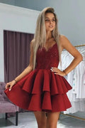Elegant Short A-line V-neck Satin Burgundy Prom Dress by BIZTUNNEL