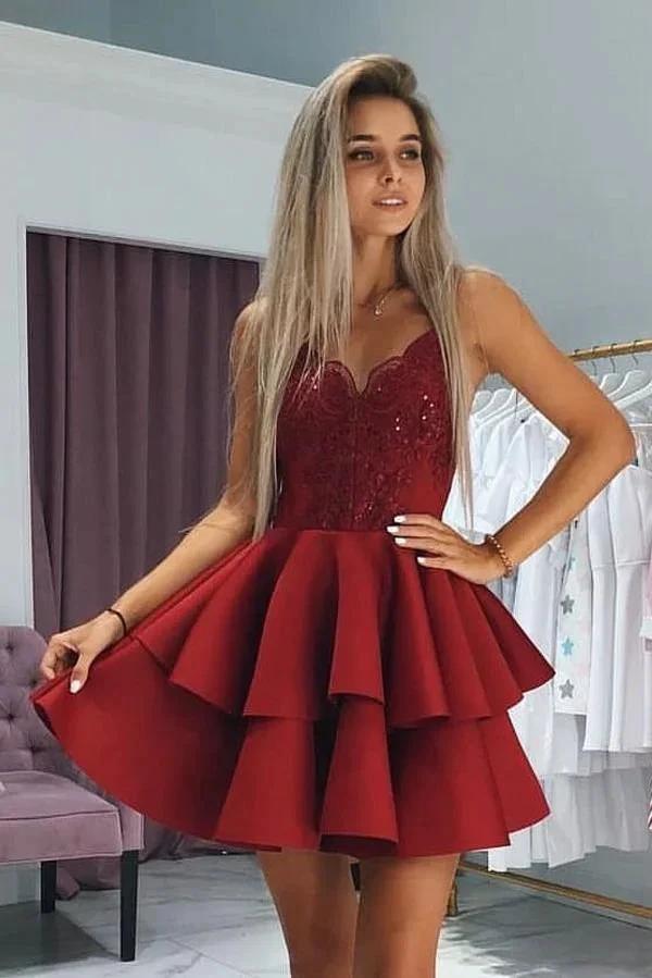 Elegant Short A-line V-neck Satin Burgundy Prom Dress by BIZTUNNEL