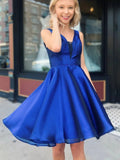 Elegant Short A Line V Neck Satin Prom Dresses Royal Blue Homecoming Dresses by BIZTUNNEL