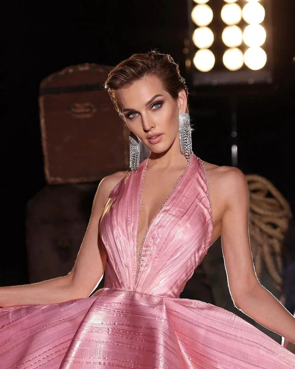 Elegant Short Pink Halter V-neck Sleeveless Prom Dress With Glitter by misshow.com