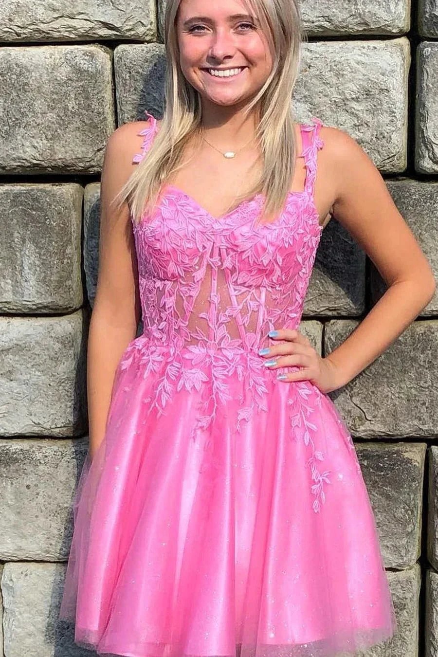 Elegant Short Pink Straps Lace Sleeveless Glitter Homecoming Dress by misshow.com