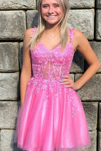 Elegant Short Pink Straps Lace Sleeveless Glitter Homecoming Dress by misshow.com