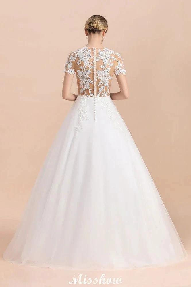 Elegant Short Sleeve Ball Gown White Lace Appliques Wedding Dress by misshow.com
