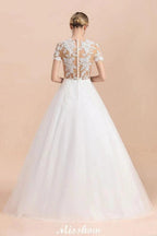 Elegant Short Sleeve Ball Gown White Lace Appliques Wedding Dress by misshow.com