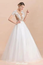 Elegant Short Sleeve Ball Gown White Lace Appliques Wedding Dress by misshow.com