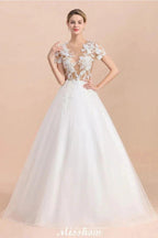 Elegant Short Sleeve Ball Gown White Lace Appliques Wedding Dress by misshow.com