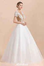Elegant Short Sleeve Ball Gown White Lace Appliques Wedding Dress by misshow.com