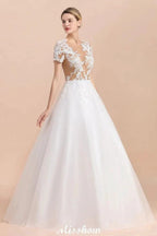 Elegant Short Sleeve Ball Gown White Lace Appliques Wedding Dress by misshow.com