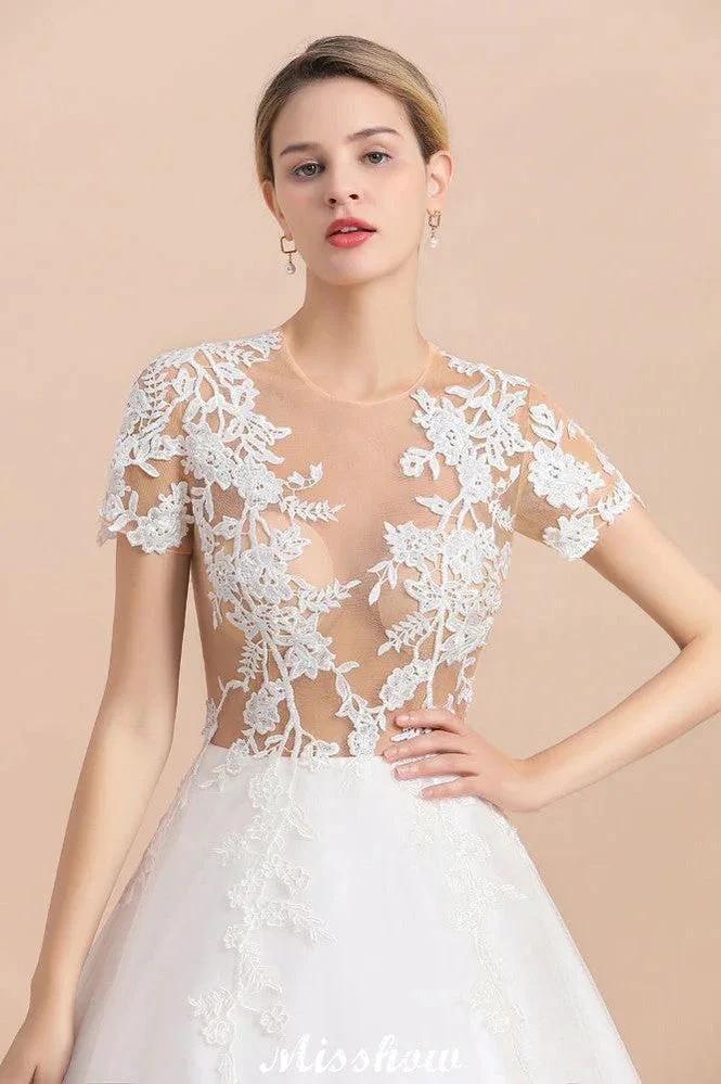 Elegant Short Sleeve Ball Gown White Lace Appliques Wedding Dress by misshow.com